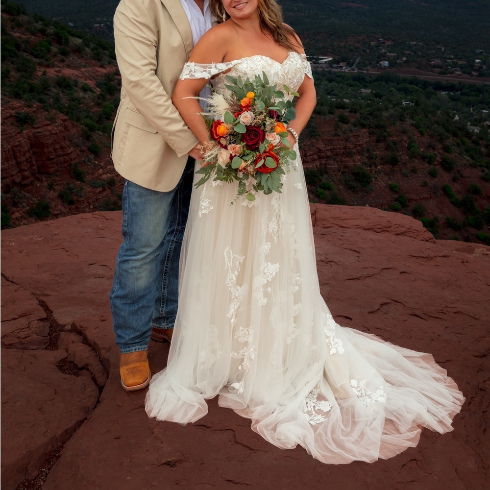 whimsical romantic off the shoulder cream and nude lace wedding dress gown
